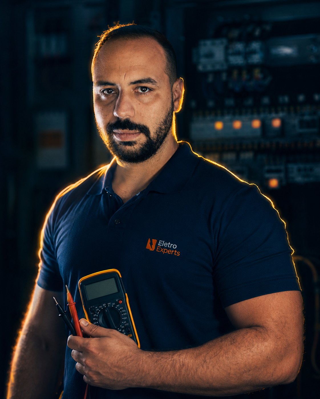 Evandro Reis, responsável técnico da EletroExperts, com multímetro diante de painel elétrico