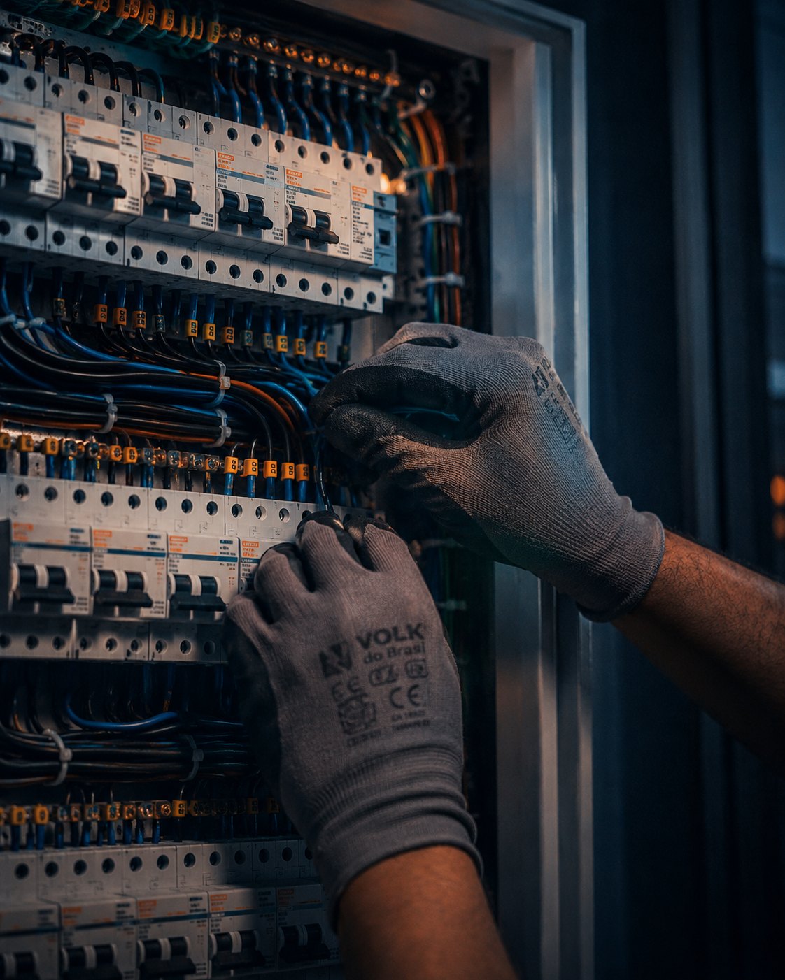 Mãos de eletricista com luvas de proteção organizando fiação identificada em quadro elétrico